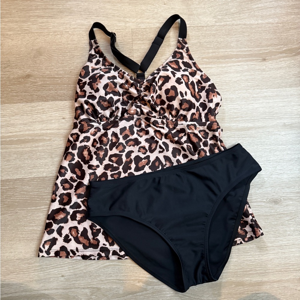 Leopard Print Tankini with Black Bottoms -large